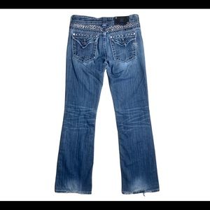 Miss Me low rise boot cut rhinestone embellished wings denim jeans